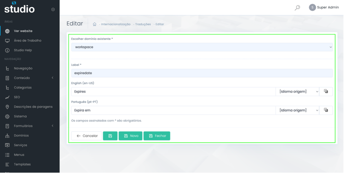 Formulário de edição de tradução no Studio CMS com campos por idioma